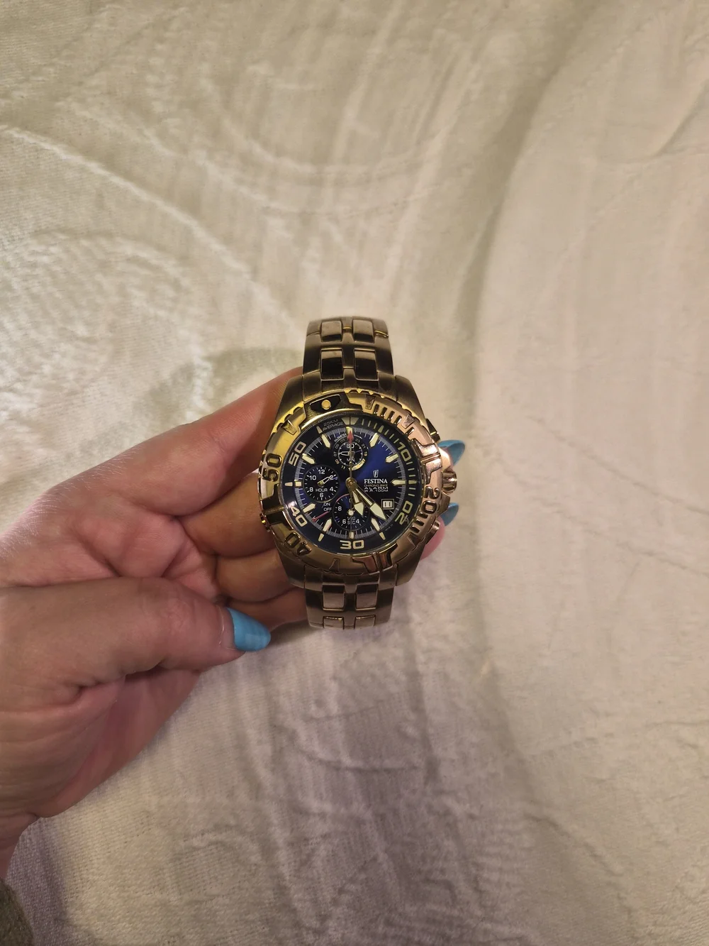 Mens Festina Watch Chronograph Gold Plated F 16119 Chrono Bike Blue Face ✨️💫